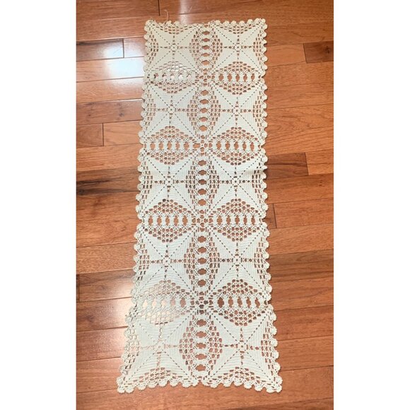 Handmade Crochet Lace Table Runner Approx. 33" x 11" Rectangular Delicate Ivory - Picture 7 of 8